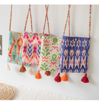 Bohemian Polyester Crossbody Bag - Art Print, Tassel Shoulder