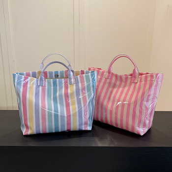 Cross-Border-Rainbow-Stripe-Transparent-PVC-Tote.jpg_350x350.jpg Rainbow Transparent PVC Tote - Large Capacity, Button Closure