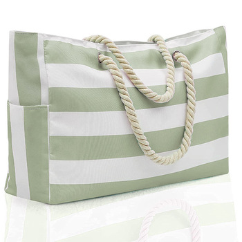 Blue White Striped Canvas Beach Tote - Foldable, Zipper Closure