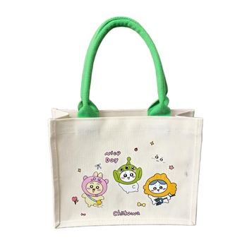 Minimalist Beige Canvas Tote - Cartoon Animals, Ribbon Rope