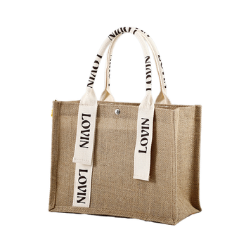 INITI Brand Jute Tote Bag - Burlap, Cotton Handles, Custom Print