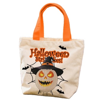 Halloween Canvas Tote Bag - Pumpkin Print, Long Handle Reusable