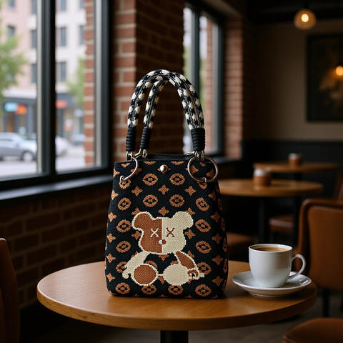 Knitted Polyester Tote Bag - Gray Bear Design with Magnetic Closure